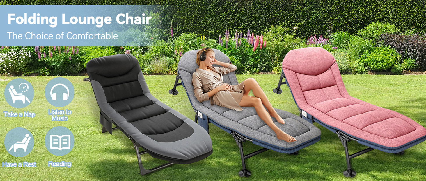 Розкладне кемпінгове ліжко-шезлонг XXL чорне, посилене польове ліжко з регульованою спинкою для відпочинку, рибалки та саду