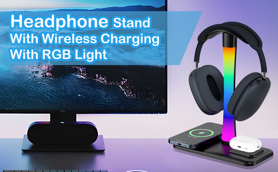 Підставка для навушників з бездротовим зарядним пристроєм, RGB-підсвічуванням, сумісна з Airpod Max, Airpod Pro/3/2, iPhone 16/15/14/13/12/11, Samsung, ідеальний подарунок для геймерів, чорний колір