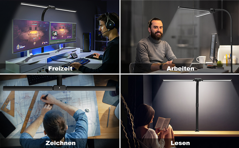 LED лампа для столу Hapfish з кріпленням, 24W, подвійний світлодіодний настільний світильник, широке та яскраве освітлення, 5 режимів кольору та 5 рівнів регулювання яскравості, денне світло, регульована лампа для офісу, дому, дітей, з шийним механізмом