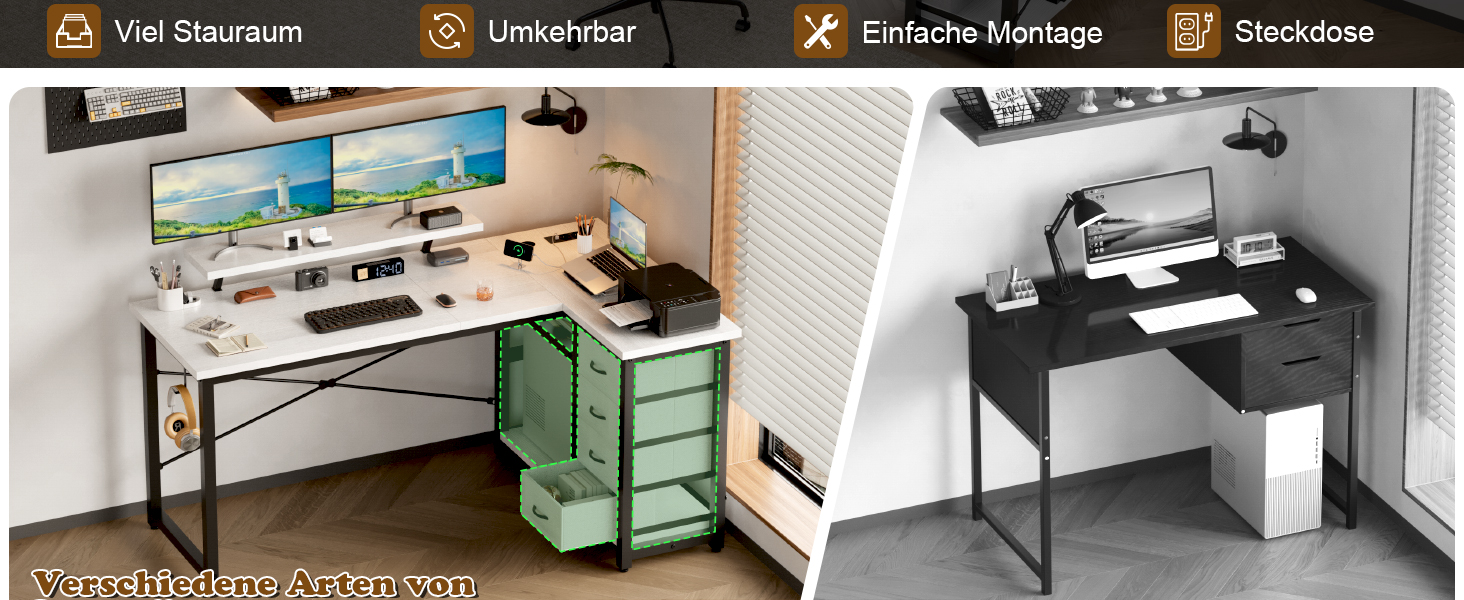 Кутовий стіл Devoko з 4 висувними ящиками з тканини, 2 розетками та 2 USB-портами, для дому та офісу, ігор, білий, 140x80 см