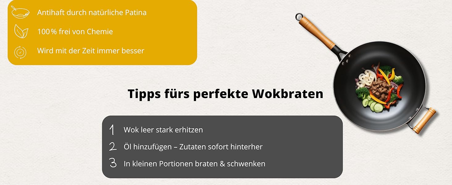 Азіатський вок Ø 33 см - міцний вуглецевий сталевий вок з плоским дном, дерев'яний ручка, підходить для газових, індукційних плит та керамічних поверхонь - не потребує обпалювання для приготування азіатських страв