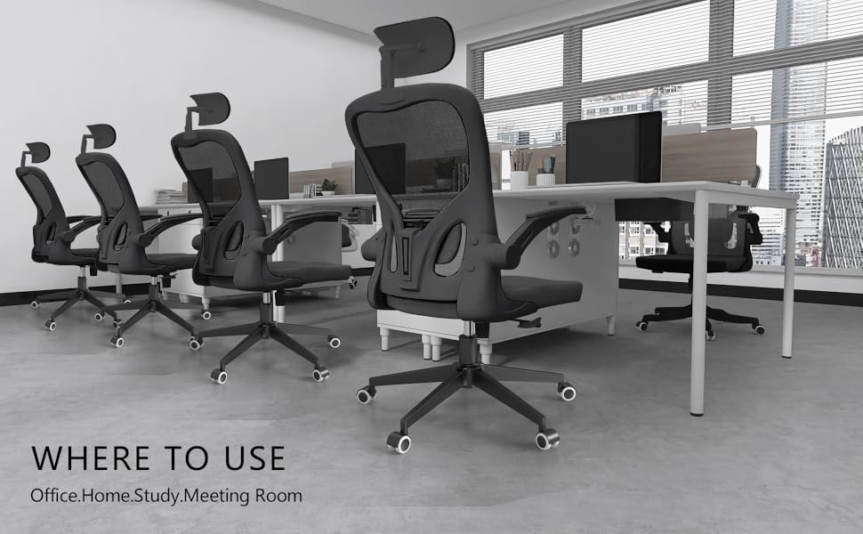 Офісний крісло Monhey з регулюванням висоти, поворотне, з відкидними підлокітниками, дихаюча сітка, регульована підголовник та інтелектуальна підтримка попереку – для дому та офісу (чорний)