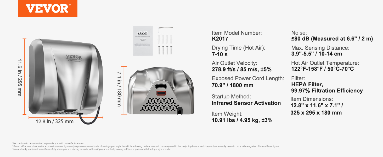 Електричний сушар для рук VEVOR 1300W з HEPA-фільтром - швидка сушка 7-10с, для кухні, ванної, туалету