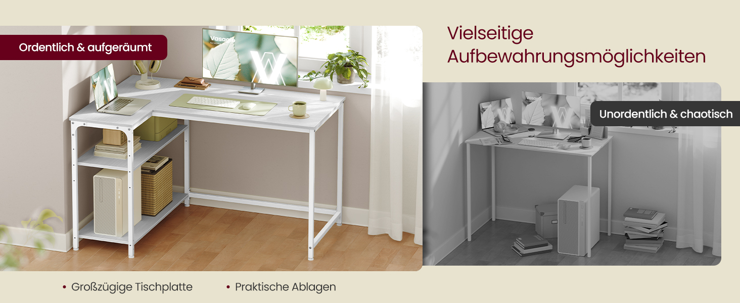 Кутовий стіл VASAGLE L-подібної форми з полицею, для офісу вдома, 110 x 80 см, колір: Акорн-білий