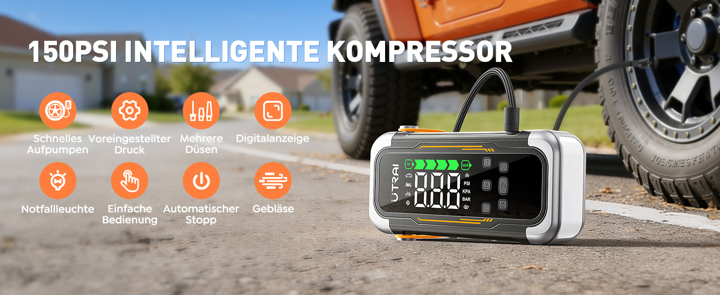 Powerbank Starthilfe UTRAI з компресором та вентилятором для авто, 6000A, LED, PD 30W, для бензинових та дизельних двигунів (10L)