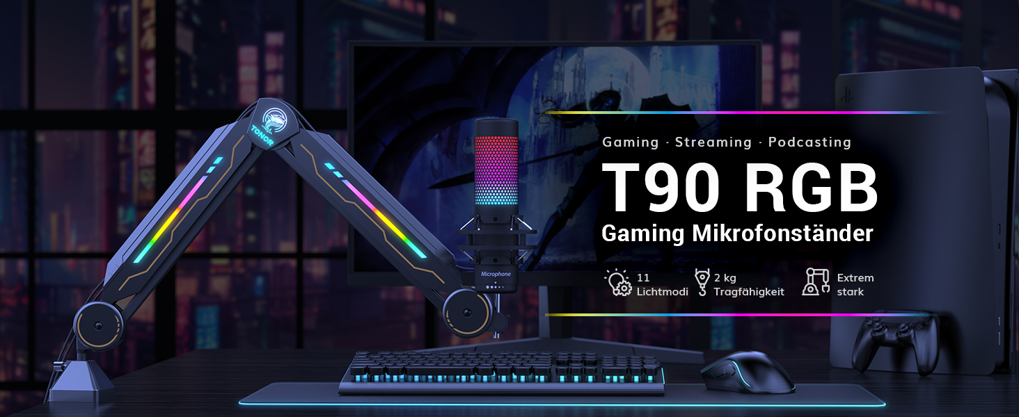 Мікрофон геймерський TONOR з RGB підсвіткою та тримачем - регульований мікрофонний кронштейн T90 з 11 ефектами для стрімінгу