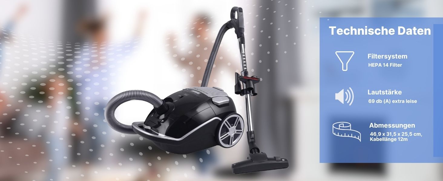 Пилголомник Fakir Black Vac Power: міцний, з мішком, HEPA фільтр H14, 800W, 12м радіус дії, 3л мішок, тиха робота 69dB(A)