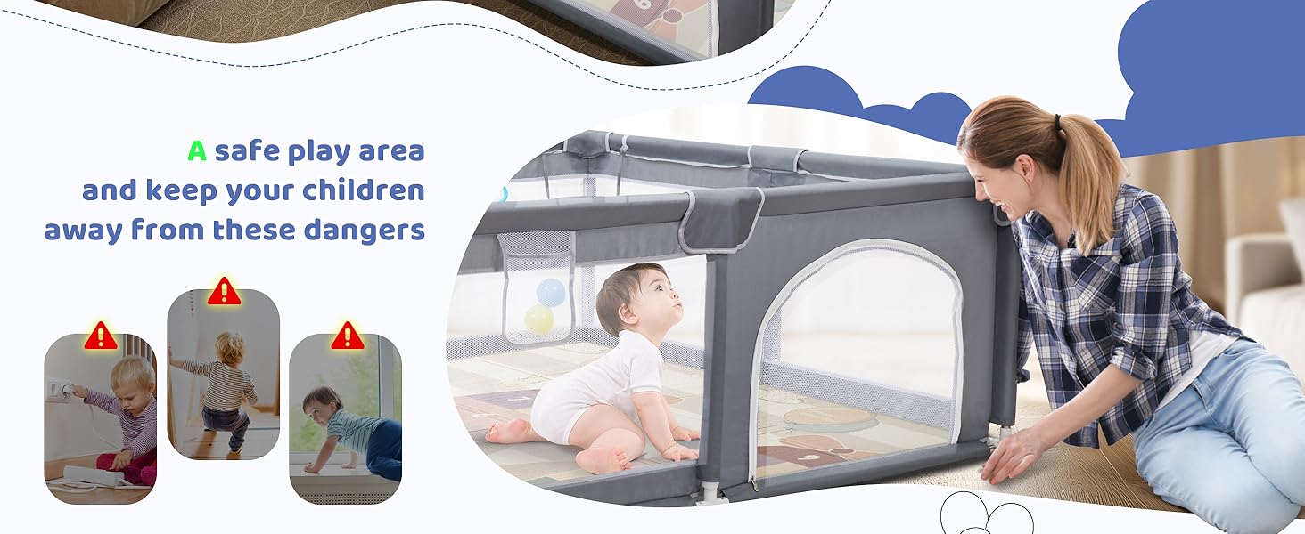 Манеж дитячий CHOLY для немовлят та малюків, 128x128 см, сірий з килимком 150x180 см - безпечний, міцний, з сіткою та захистом