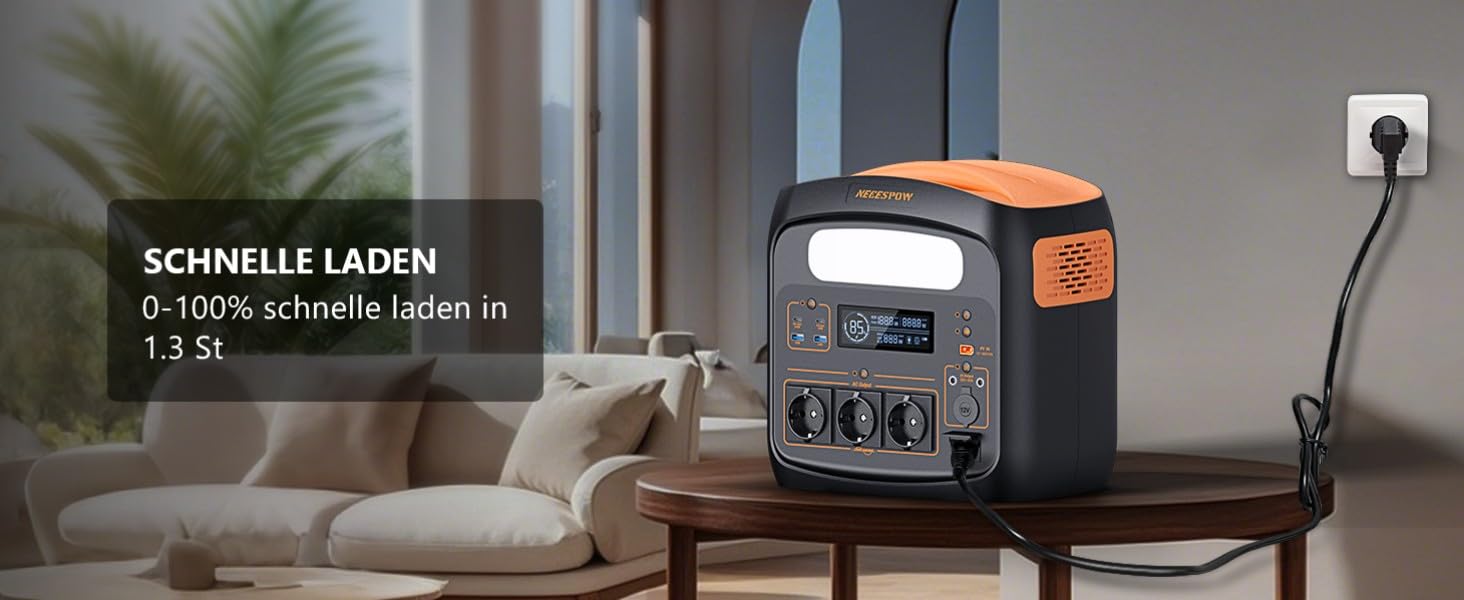 Портативна електростанція 1500W (3000W пікова потужність), 1102,5Wh LiMnFePO4 акумулятор, швидка зарядка за 90 хв, PD 100W, USB-C/AC/DC, сонячна панель, для кемпінгу, резервне живлення, на відкритому повітрі (Помаранчевий + Чорний)