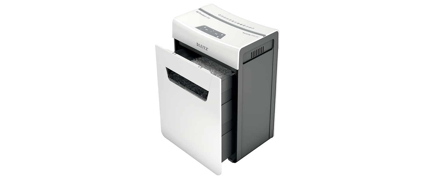 Leitz IQ 10X Premium Protect: Шредер для документів, партіковий зріз, 11-10 аркушів, тихий, компактний, сертифікований, 18л контейнер, для офісу та дому, білий