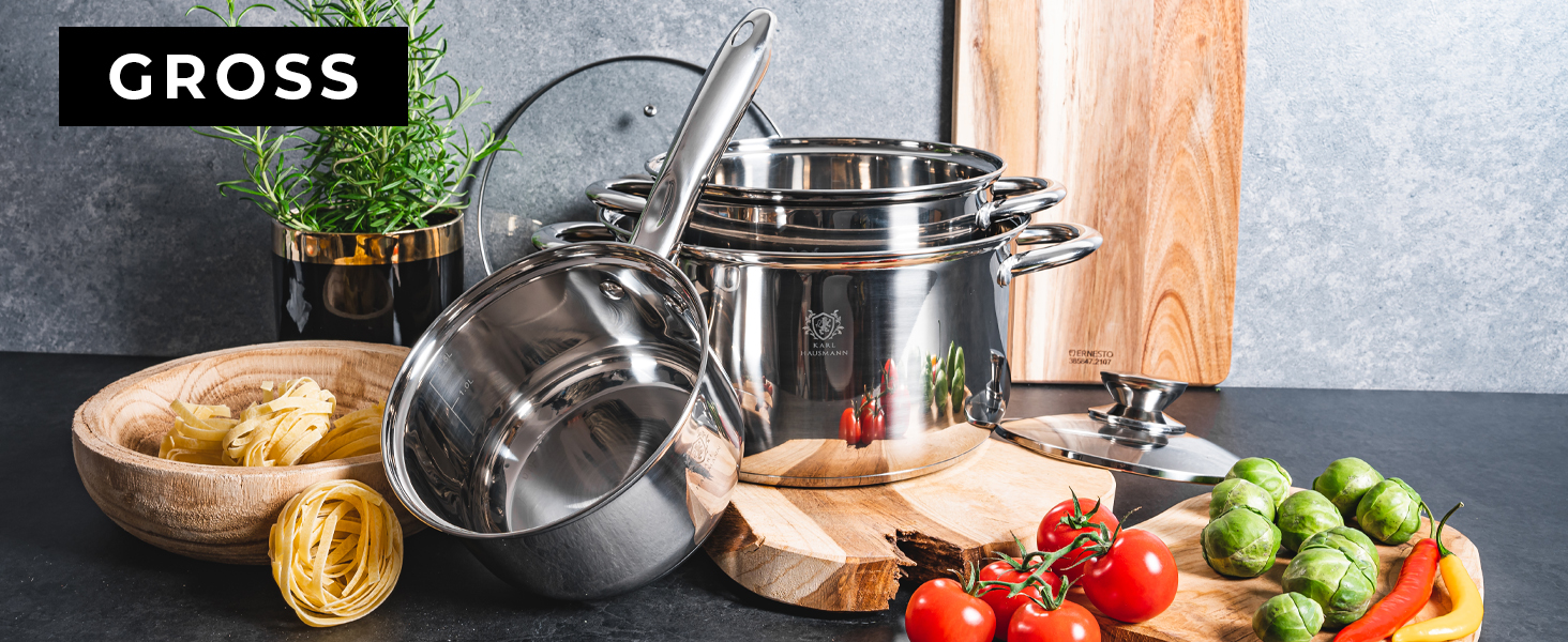 Набір каструль з нержавіючої сталі 3 шт. для всіх типів плит - каструлі з мірною шкалою, з кришкою з термостійкого скла