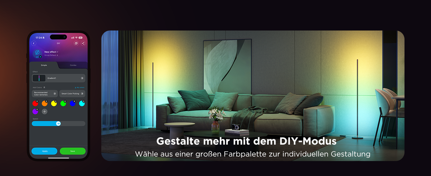 Govee RGBIC LED Торшер WiFi, Димування, Alexa/Matter, 16 млн кольорів, 85 режимів, Музичний режим, DIY, Чорний