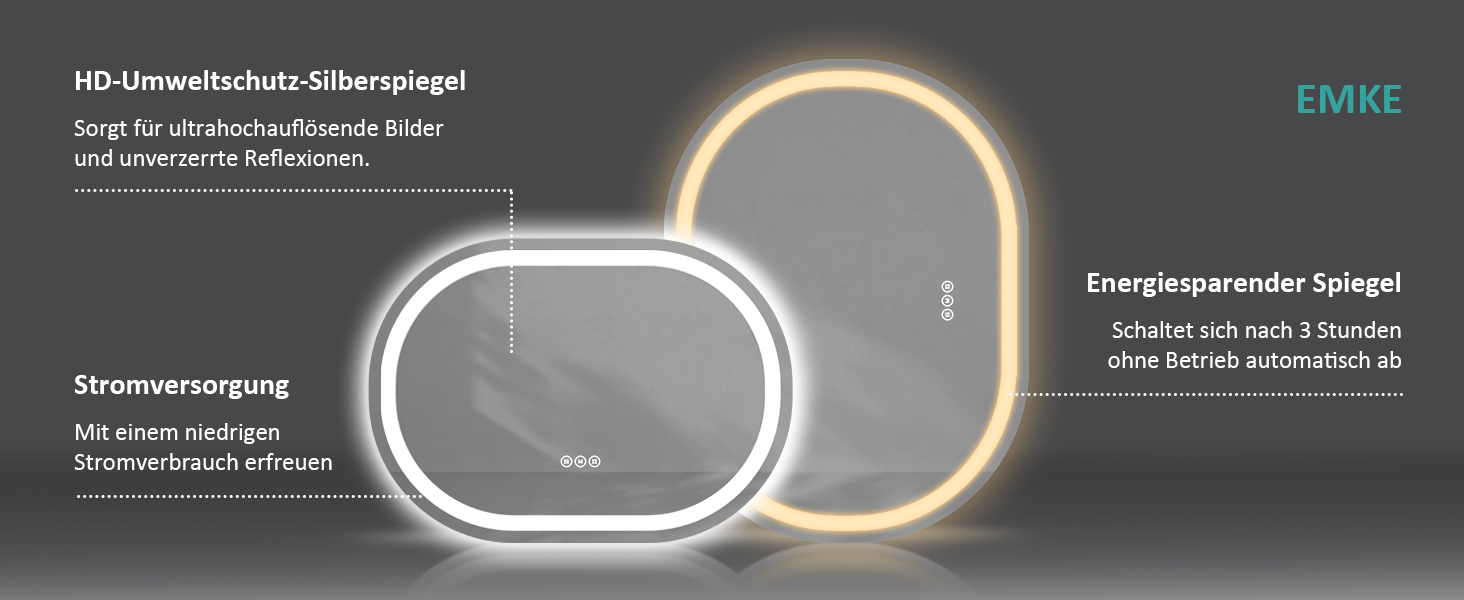 Дзеркало для ванної кімнати EMKE з підсвічуванням 80x60 см, сенсорне управління, антизапар, 3 кольори світла, регулювання яскравості, функція пам'яті, енергозберігаюче, овальне дзеркало