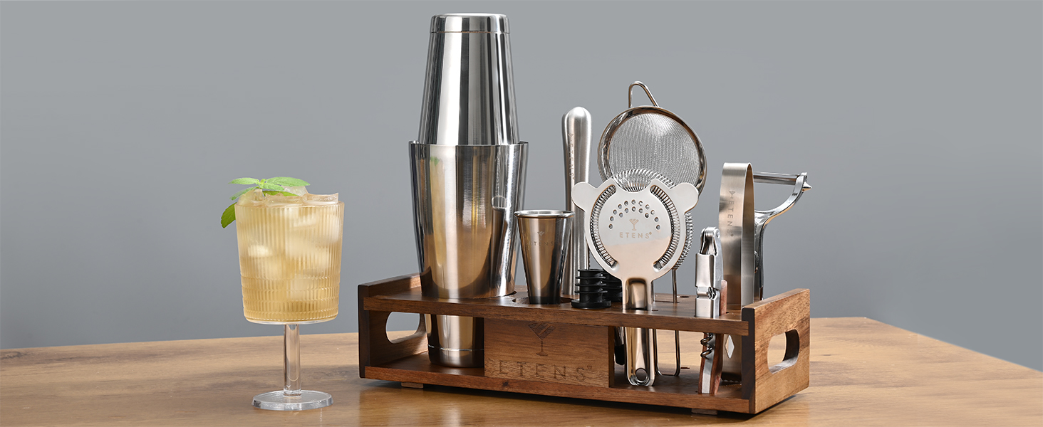 Набір бармена на 15 частин з дерев'яною підставкою – набір шейкерів Boston з нержавіючої сталі з мірним стаканом, ситом, мадлером та аксесуарами для бару – професійний міксологічний набір подарунок для дому та бару Silver
