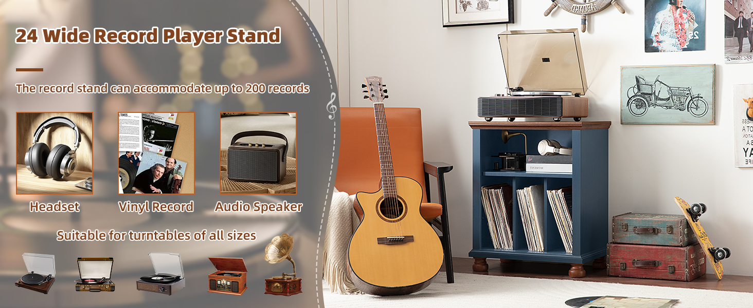 LELELINKY Підставка для програвача, полиця для платівок, містить до 200 платівок, великий дерев'яний стіл для програвача, полиця для платівок у вітальню, спальню, офіс (Блакитний)