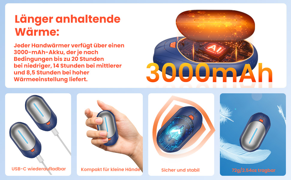Електричні грілки для рук USB, 2 шт. - багаторазові, 3 режими нагріву, 20 годин роботи, для кемпінгу та відпочинку на природі. Кольори: блакитний