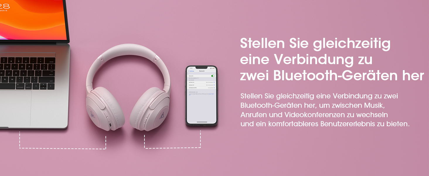 Накладні Bluetooth-навушники DOQAUS, 70 годин відтворення, 3 режими еквалайзера, складні, BT 5.3, рожеві