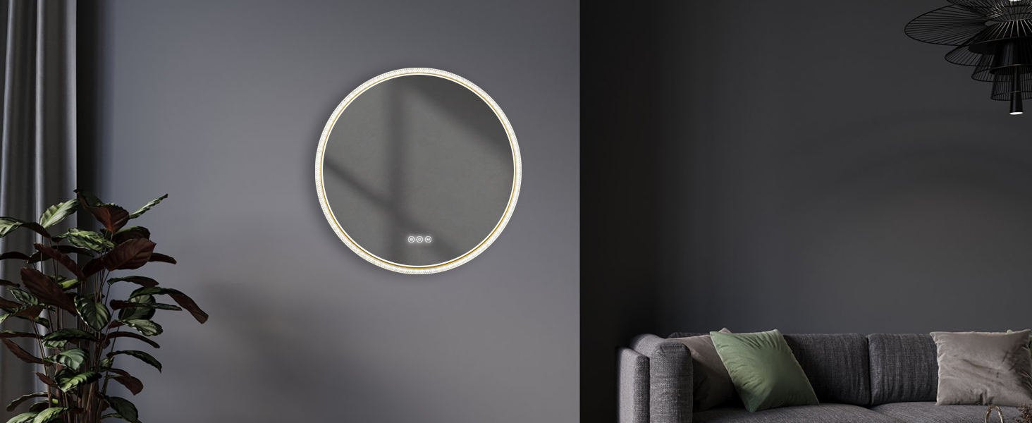 Дзеркало для ванної кімнати EMKE з підсвічуванням, 80 см, 3 кольори світла, регулювання яскравості, антизапар, сенсорне управління, функція пам'яті, енергозбереження, кругле, золотий фрейм (60x60 см)