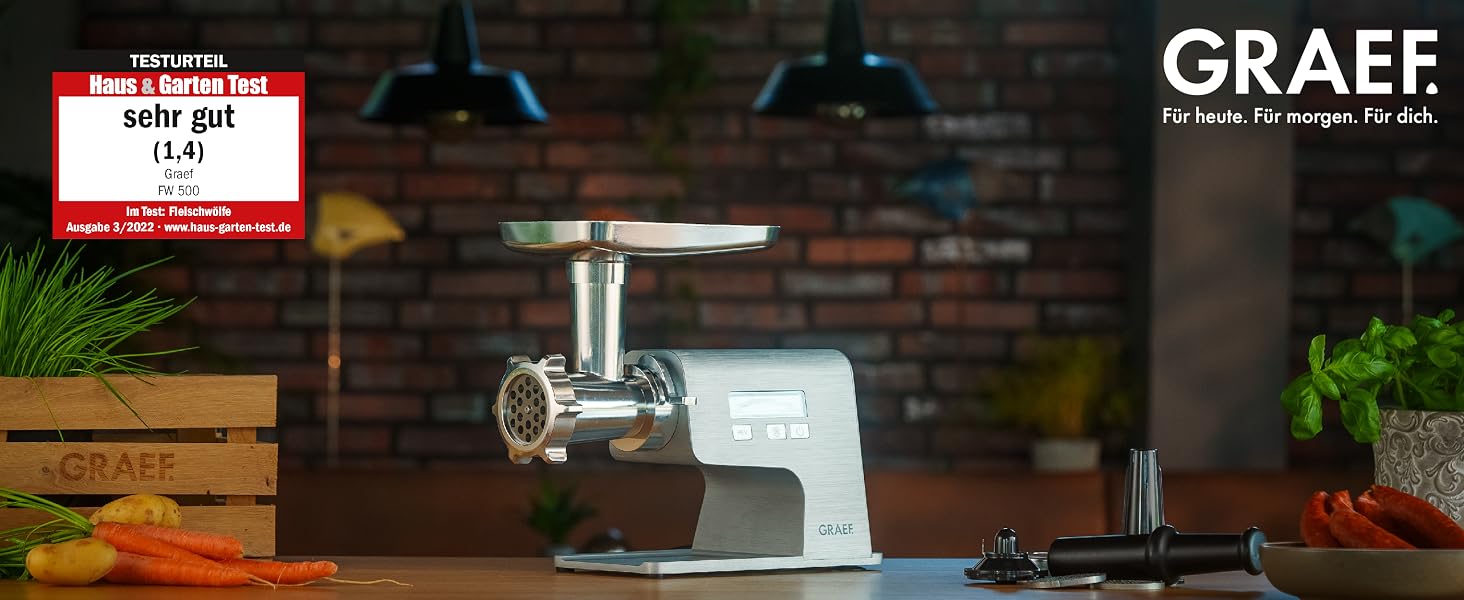 Електрична м'ясорубка GRAEF Multiwolf FW500, металевий корпус, 2500 Вт, з цифровим дисплеєм та захистом від перевантаження, срібляста