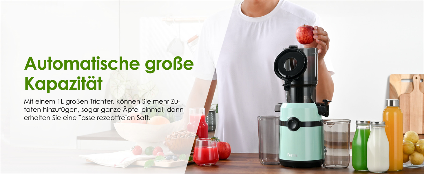 Фреш-прес Fretta: повільний соковичавник з широкою завантажувальною трубою (108 мм), 200W, 1 л, BPA-free Tritan, блакитний