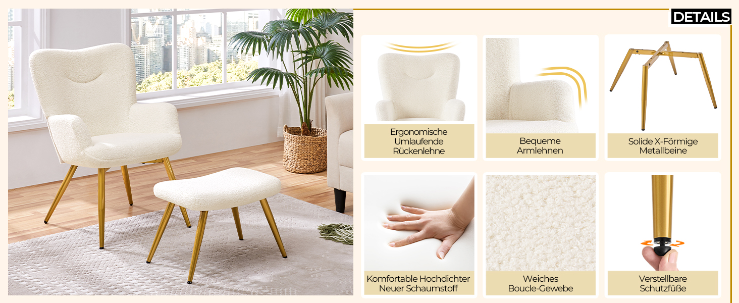 Крісло-навушник Yaheetech з пуфом з тканини Boucle, крісло для відпочинку з підставкою для ніг, розкладне крісло для вітальні/спальні, колір слонова кістка