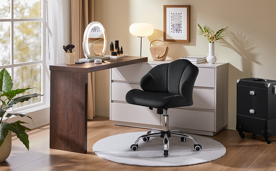 Крісло для дому та офісу Yaheetech, крісло для макіяжу, регульоване по висоті, поворотне, офісне крісло у формі мушлі з роликами, велюрове крісло, до 136 кг, білий (чорний)