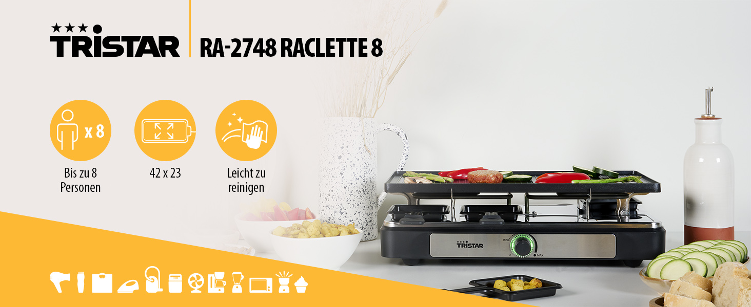 Ракле-набір Tristar RA-2748 – 3-в-1: ракле, гриль, сковорода, тепаньякі для 8 осіб, 1400 Вт, чорний