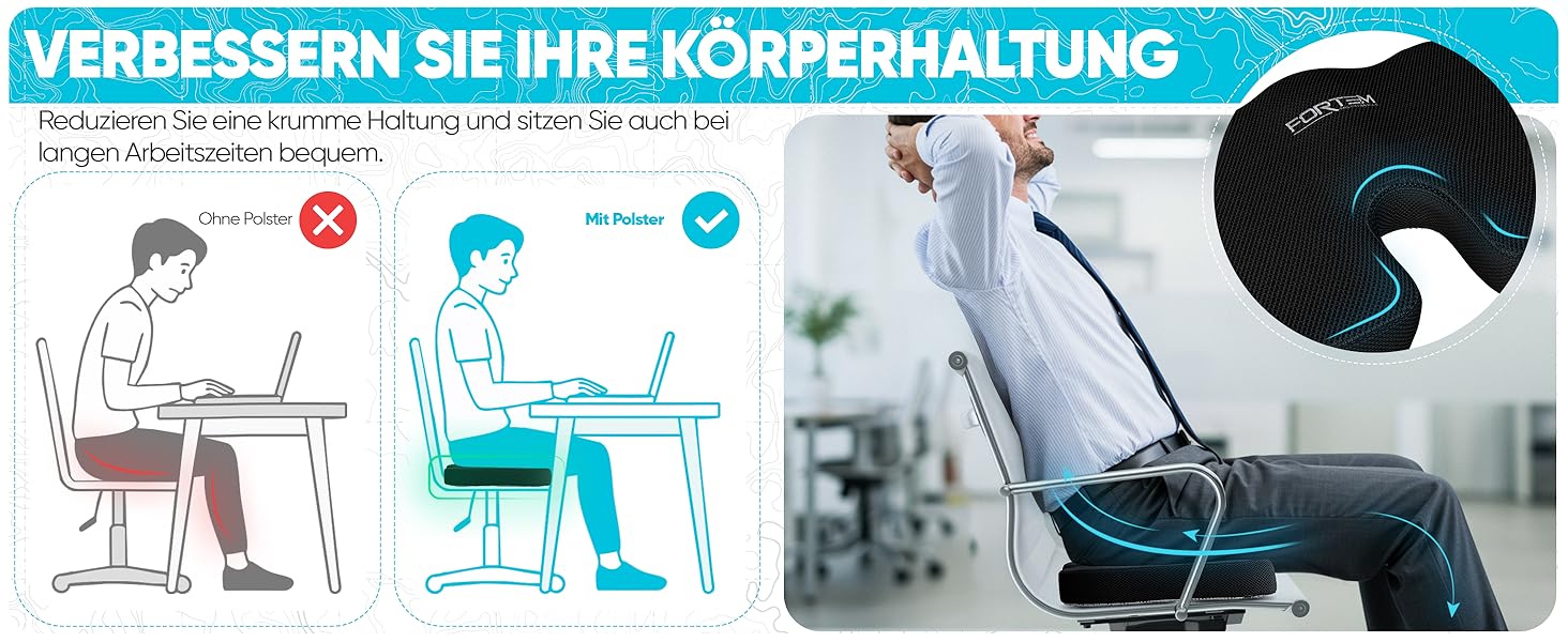 Подушка для сидіння FORTEM: м'яка, з піною з пам'яті, для офісного, ігрового крісла, авто, комп'ютерного крісла. Нековзна, знімний чохол сірого кольору.