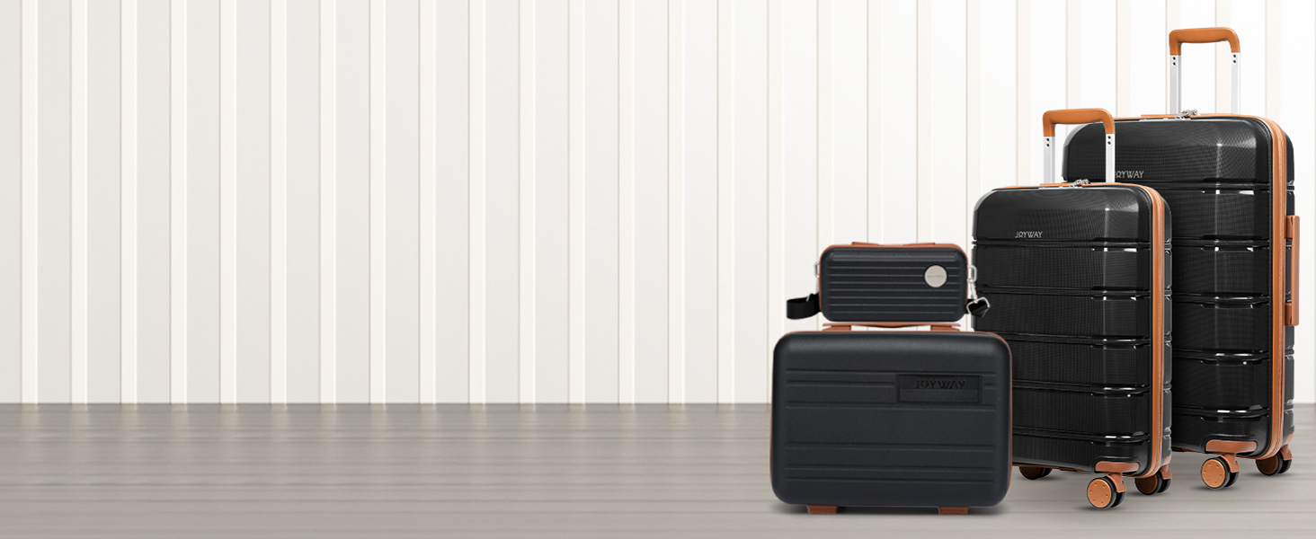 Набір валіз Joyway 5шт з жорстким корпусом, 4 колеса та TSA-замок. В комплекті: косметичка та сумка. Чорний/коричневий колір.