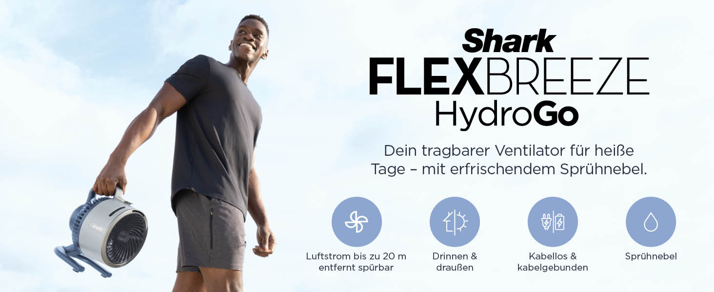 Вентилятор Shark FlexBreeze HydroGo Starker з функцією розпилення, охолодження для дому та вулиці, тихий та довговічний, з підключенням до мережі та акумуляторним живленням, компактний та легкий, повітряний потік до 20 м, Glacier FA050EUBL