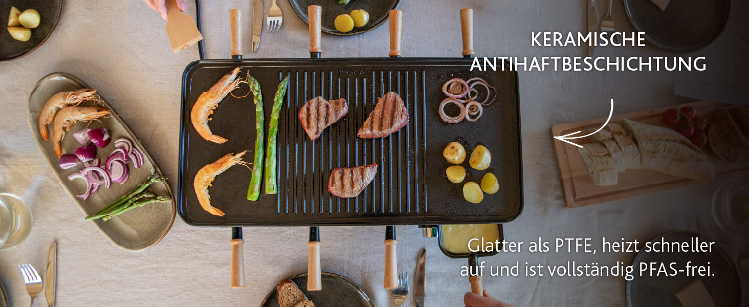 Рашетт BOSKA Raclette Gourmet Party на 8 осіб – гриль з керамічною поверхнею, ручки з бука, поворотна алюмінієва пластина, чорний колір