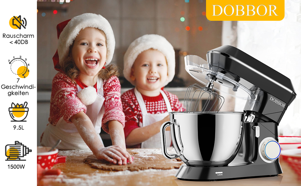 Кухонна машина 9.5л з планетарним міксером, 1500W, DOBBOR, з набором насадок (міксер, гак для тіста, вінчик), захист від бризок, 7 швидкостей, чорний колір