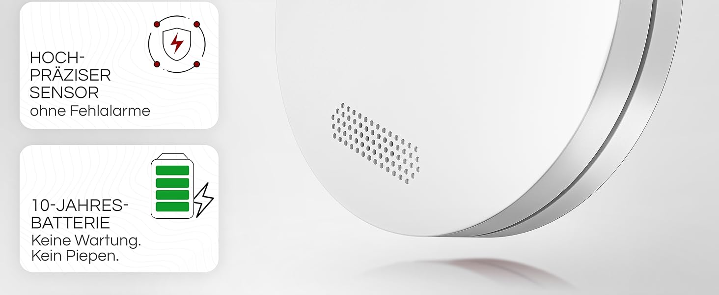 Датчик диму Rauchmelder на 10 років з батареєю, плоский, 3 шт. у комплекті, без свердління, без світлодіодного індикатора, для дому та офісу