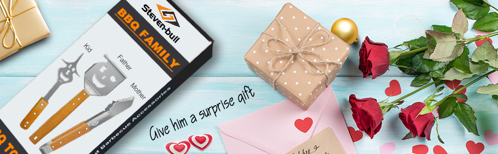 Набір гриль-посуду Steven-BULL 3 шт. з нержавіючої сталі з дерев'яними ручками, гриль-аксесуари: щипці, лопатка, виделка.