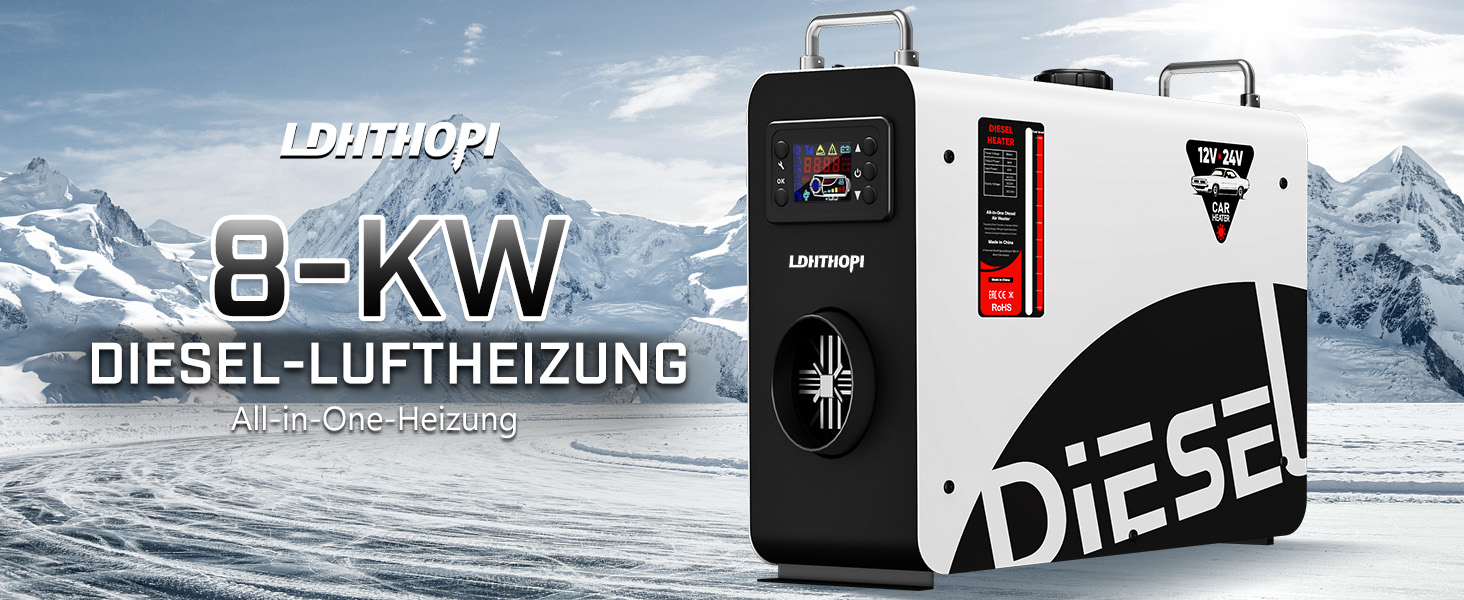 Дизельний опалювач LDHTHOPI 8 кВт, 12/24V з таймером, LCD-дисплеєм та пультом, швидкий нагрів 4.5л. Економія енергії для гаража, кемпінгу, автодому. Білий колір
