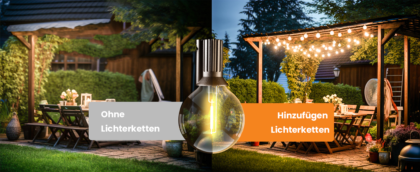 Світлодіодна гірлянда для зовнішнього використання, 60 м, G40 LED, вологостійка IP45, димерна, тепле біле світло (2700K), 104 пластикові лампочки, для декору саду, тераси, вечірки