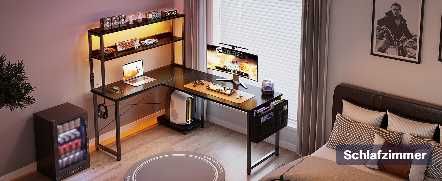 Ігровий стіл Coleshome L-подібної форми з LED підсвічуванням та розетками, 135 × 100 см. Реверсивний стіл з полицями для зберігання, ігровий кутовий стіл з сумкою для дому та геймінгу, чорний (135x100 см)