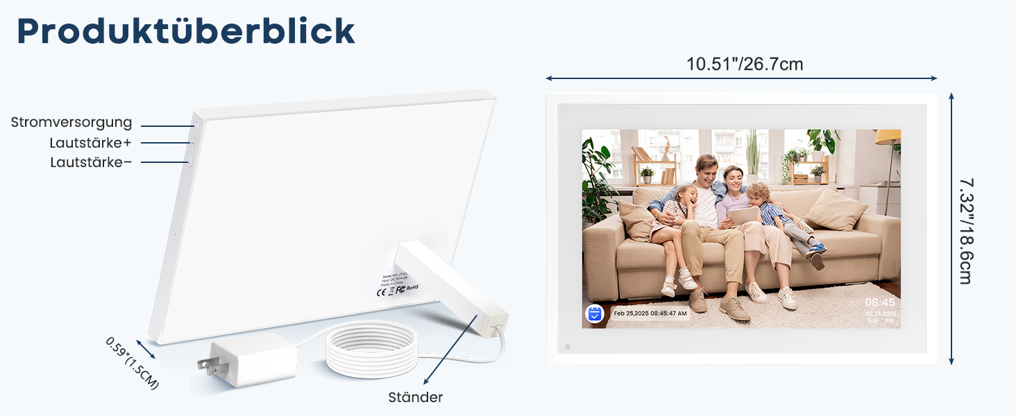 Цифрова фоторамка Frameo 10.1 дюймів WLAN, Full HD IPS сенсорний екран 1280x800, 32ГБ пам'ять, автоматичний поворот, можливість монтажу на стіну, керування через додаток Frameo (Білий)