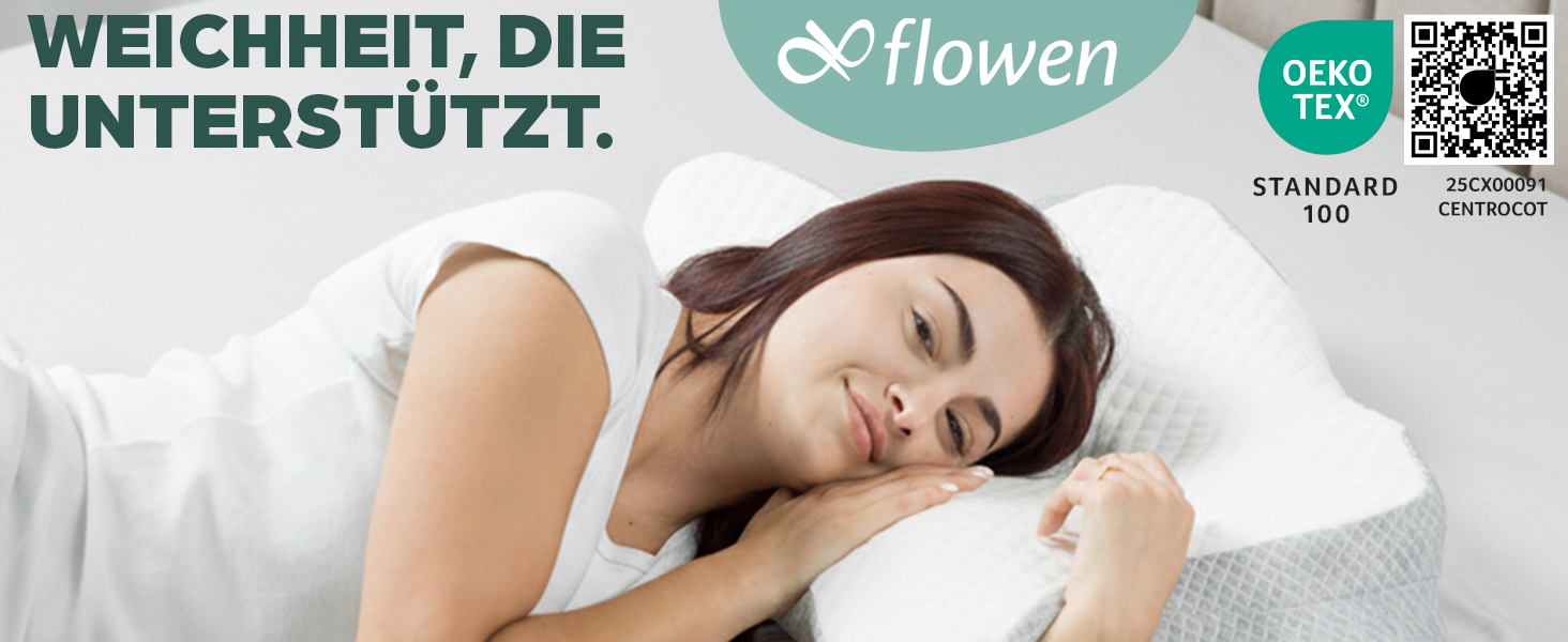 Ортопедична подушка Flowen з Memory Foam для підтримки шиї. Зручна для сну, допомагає при болях у шиї та запобігає хропінню. Матеріал: Memory Foam, поліестер.