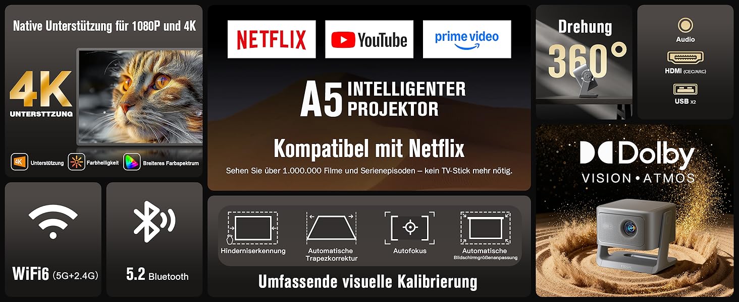 Смарт-проектор VISSPL 4K Home Cinema, 30000 Люмен, 3D Dolby Audio, Автофокус, WiFi 6, Bluetooth, 360° підставка, сірий