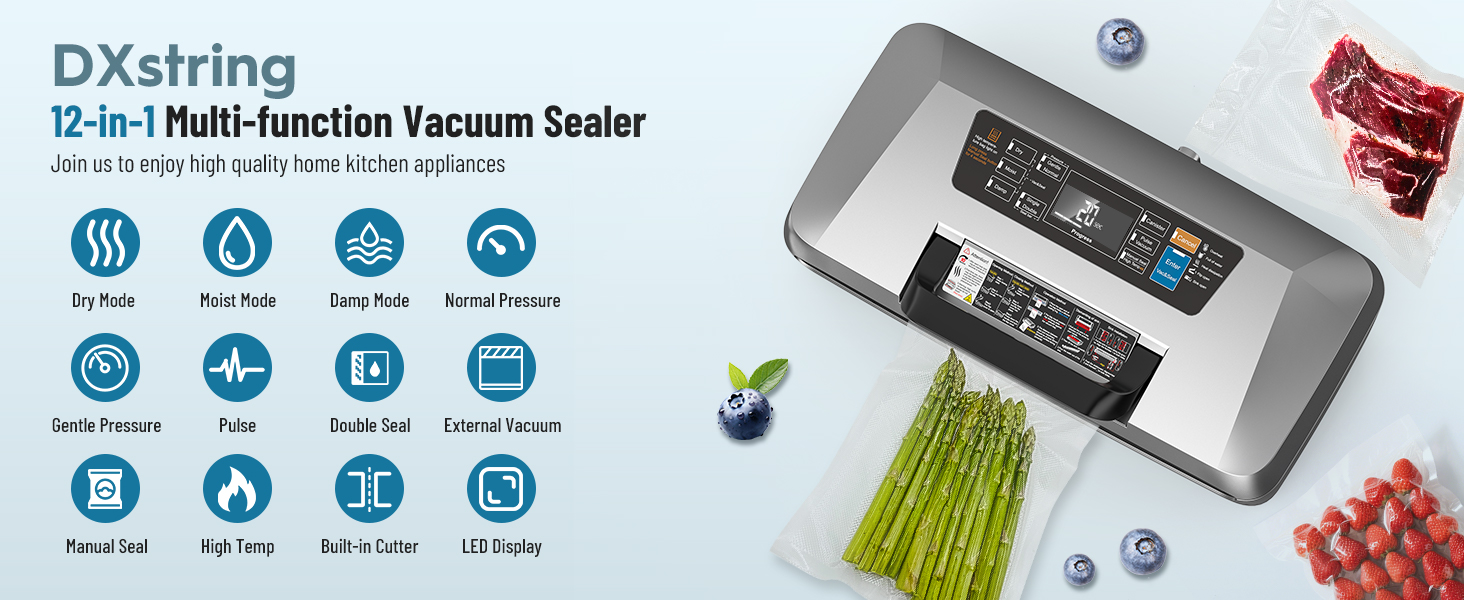 Професійний вакууматор для продуктів 12-в-1, 95кПа, з функцією безперервного вакуумування та подвійним швом, сріблястий (комплект: 1 рулон та 10 пакетів)