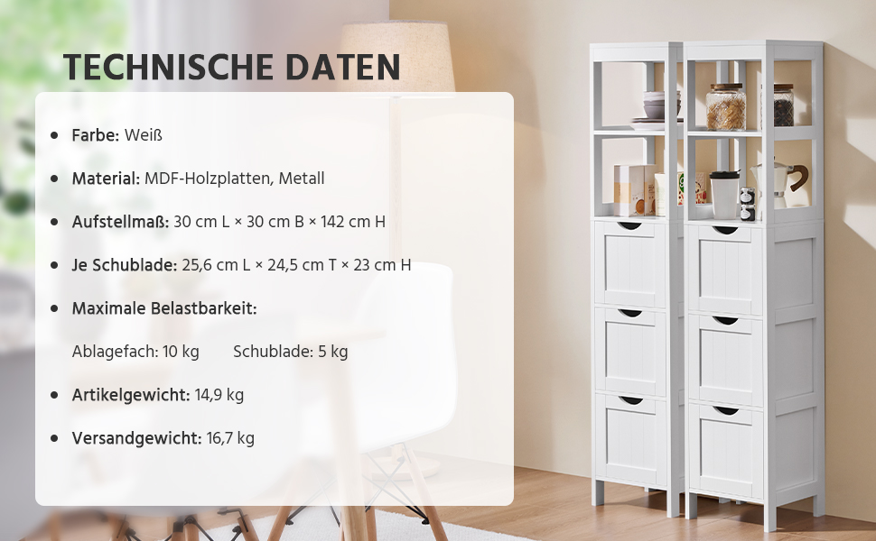 Шафа у ванну кімнату Yaheetech з 3 висувними ящиками та 2 відкритими полицями, 30 x 30 x 142 см, біла