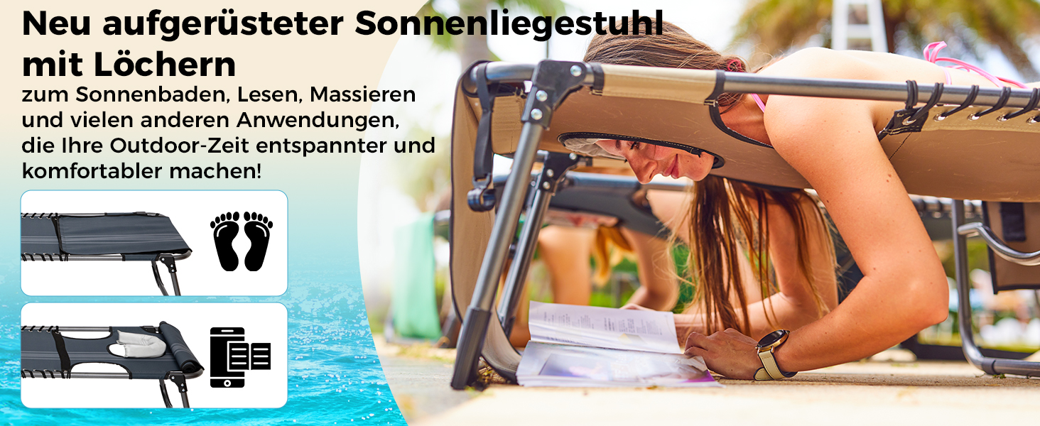 Лежак для відпочинку KingCamp великого розміру, складаний, 5 положень, для саду, кемпінгу, пляжу, 200 x 68 см, сірий, з подушкою та кишенею, до 200 кг