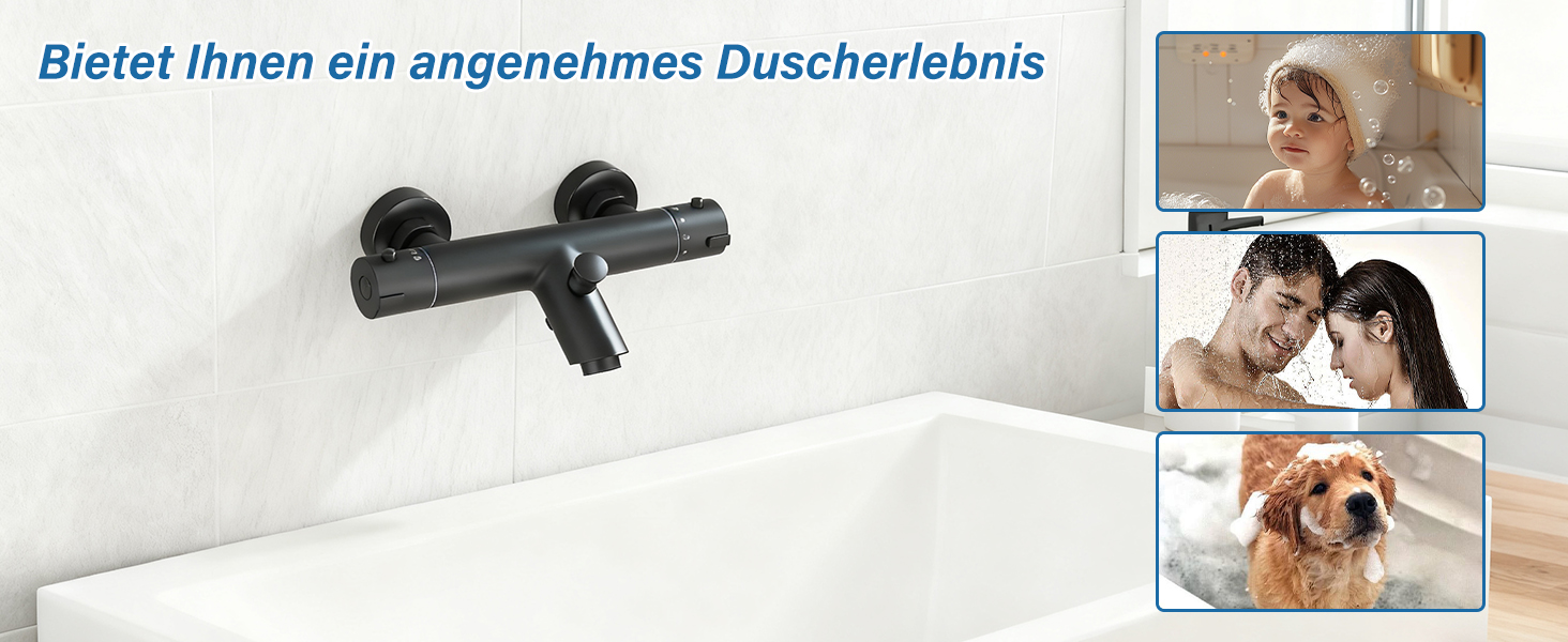 Змішувач для ванни з термостатом, чорний, настінний монтаж - універсальний для ванни та умивальника