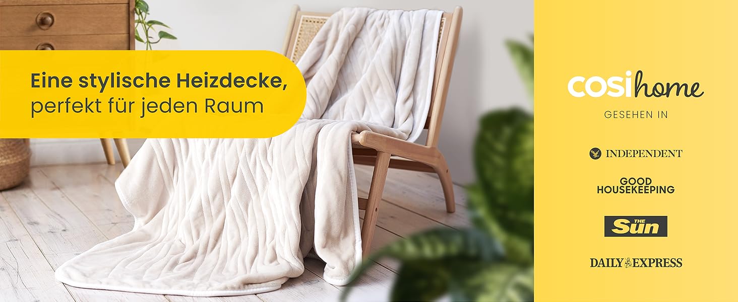 Електрична ковдра Cosi Home 180x130 см з регулюванням температури, таймером та захистом від перегріву. Зручна флісова ковдра з 10 рівнями нагріву та дистанційним керуванням. Колір: кремовий.