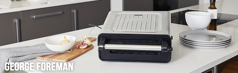 Контактний гриль George Foreman з антипригарним покриттям для приготування паніні та сендвічів [Без диму - 87% менше диму] Настільний гриль (знімні та придатні для миття в посудомийній машині пластини, температура 200°C, корпус з нержавіючої сталі) 28000-56