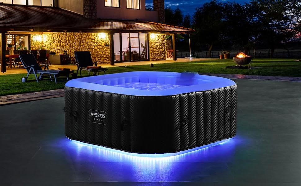 Надувний гідромасажний басейн-джакузі Arebos Whirlpool 154x154 см з LED-підсвіткою, підігрівом та 100 масажними форсунками на 4 особи, 600 л, з кришкою