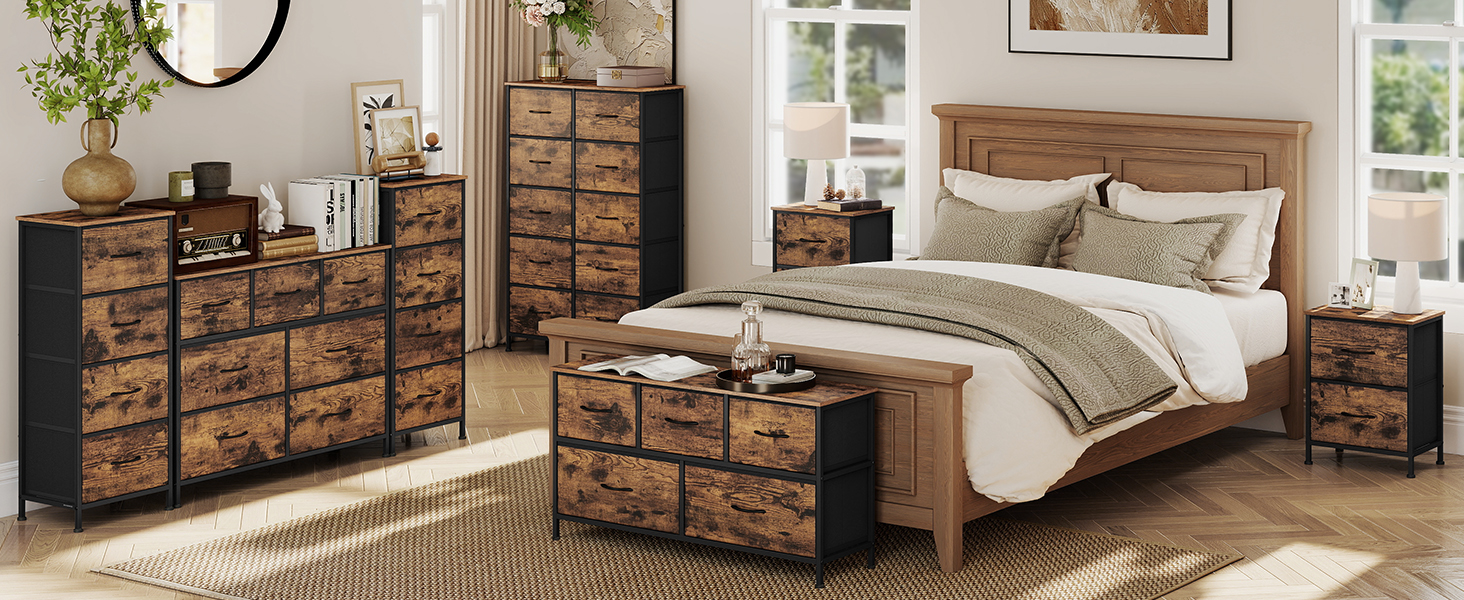 SONGMICS Комод зі 8 висувними ящиками, шафа для зберігання, сталь, МДФ, флізелін, для спальні, прихожої, вітальні, вінтажний коричневий + чорний, LGS124BH04