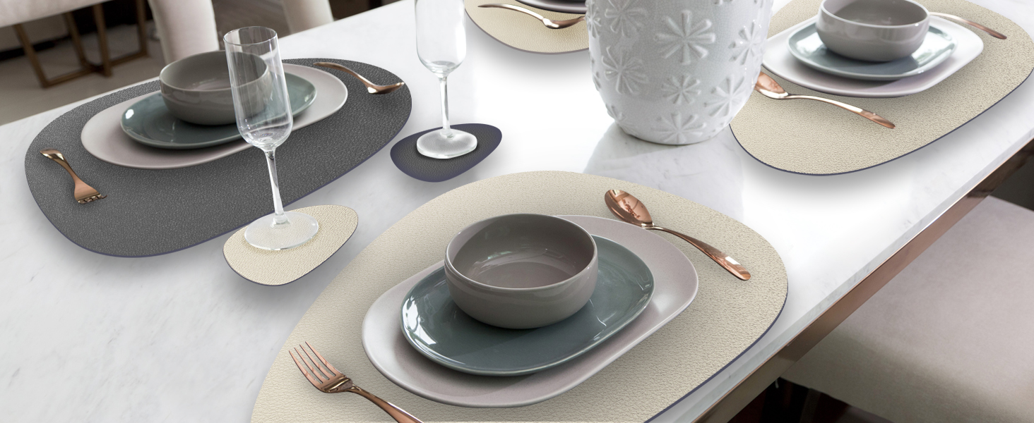 Набір з 6 підставок під тарілки, миючіся з підставками, двосторонні, з імітацією шкіри, водонепроникні для столу, кухні, ресторану та дому (6 шт., бежево-сірі)