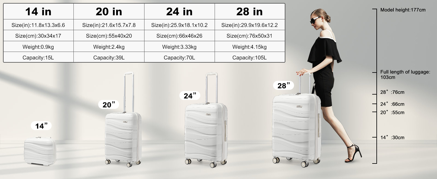 Валіза-тележка KONO, велика, легка, з жорстким корпусом, TSA-замок, 4 колеса (біла, XL)